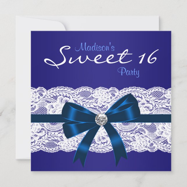 Royal Navy Blue White Lace Blue Sweet 16 Party Invitation (Front)