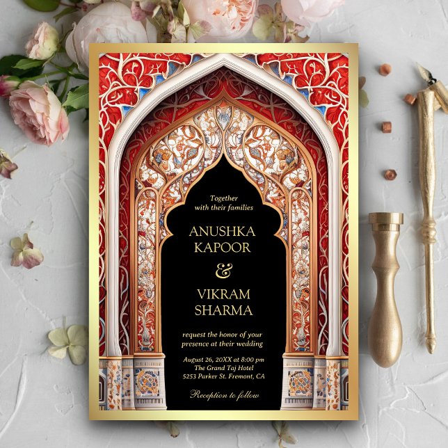 Royal Palace Red Arch Photo Black Indian Wedding Invitation (Creator Uploaded)