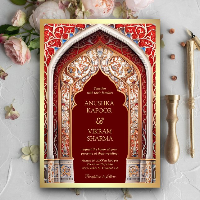Royal Palace Red Arch Photo Maroon Indian Wedding Invitation (Creator Uploaded)