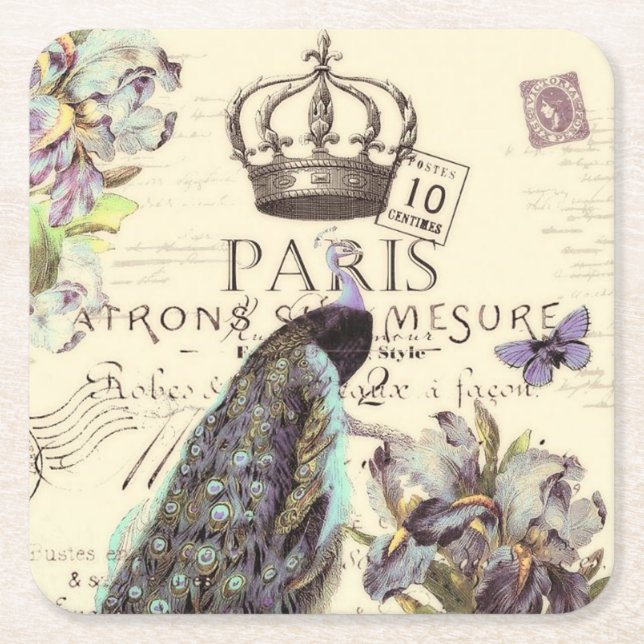 Royal Paris peacock Square Paper Coaster (Front)