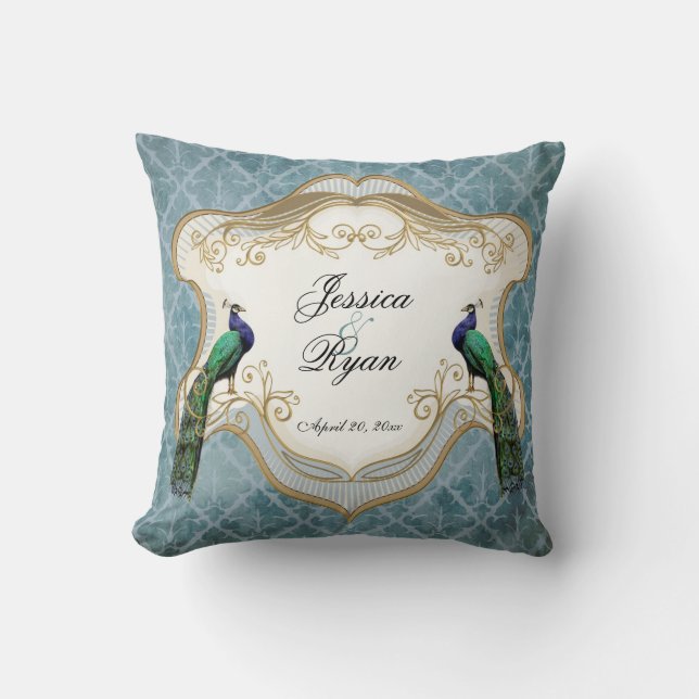 Royal Peacock Blue Personalised Anniversary Pillow (Front)