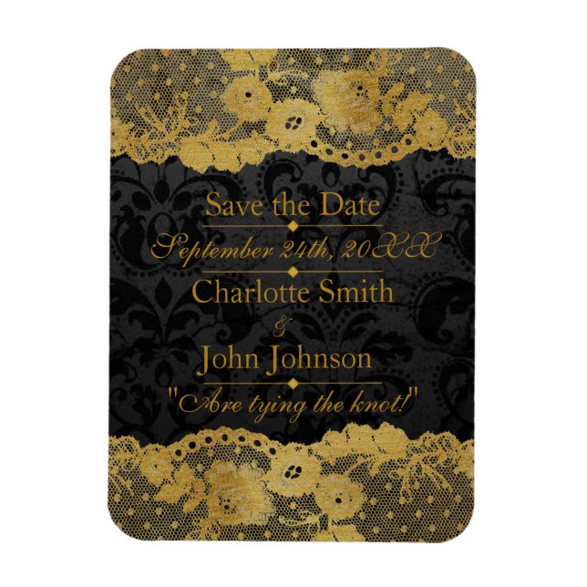 Royal Personalised Golden Black Lace Save The DAte Magnet (Vertical)
