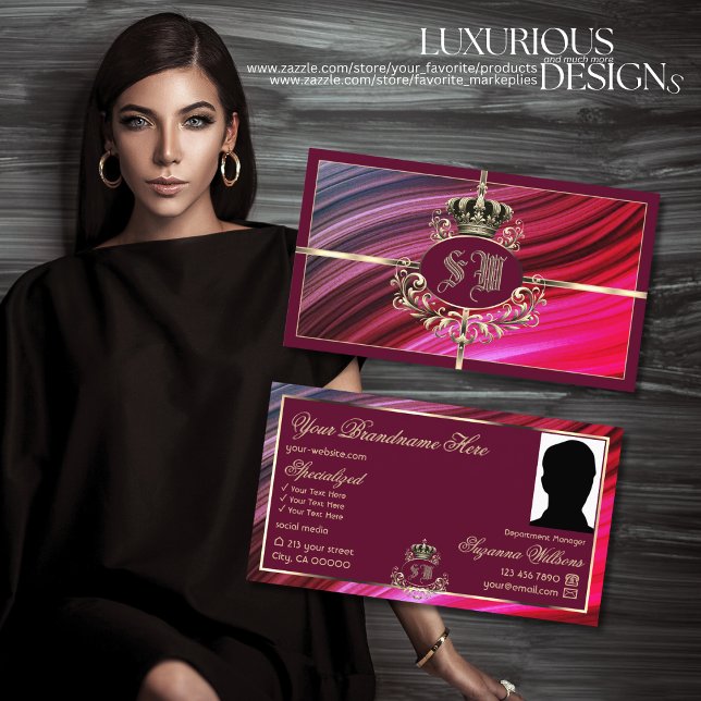 Royal Pink Burgundy Gold Crown with Monogram Photo Business Card (Creator Uploaded)