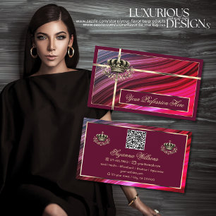 Royal Pink Burgundy Gold Crown with QR Code Nobly Business Card