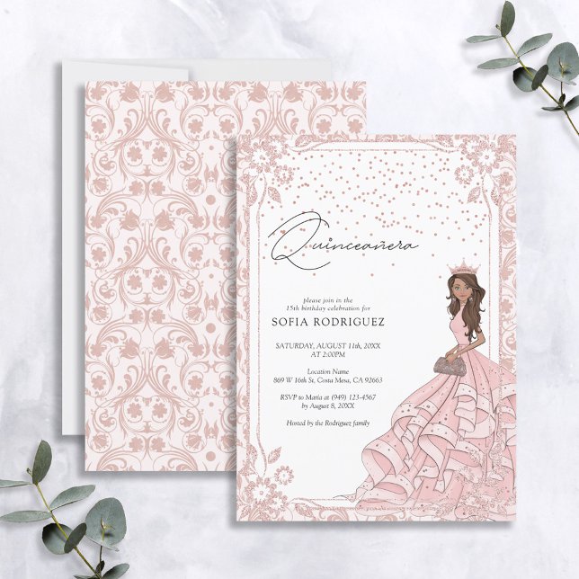 Royal Pink Rose Gold Dress Quinceanera Birthday Invitation (Creator Uploaded)