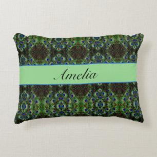 Royal Plumage - Luxe Peacock Feather Pattern Decorative Cushion
