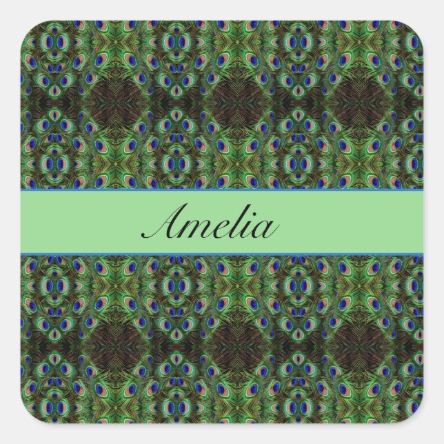 Royal Plumage - Luxe Peacock Feather Pattern  Square Sticker (Front)