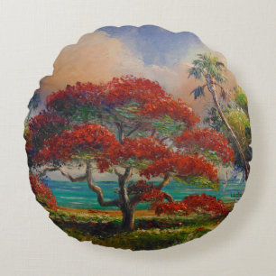 Royal Poinciana Tree & Boat by Mazz Round Cushion