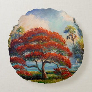 Royal Poinciana Tree by Mazz Round Cushion