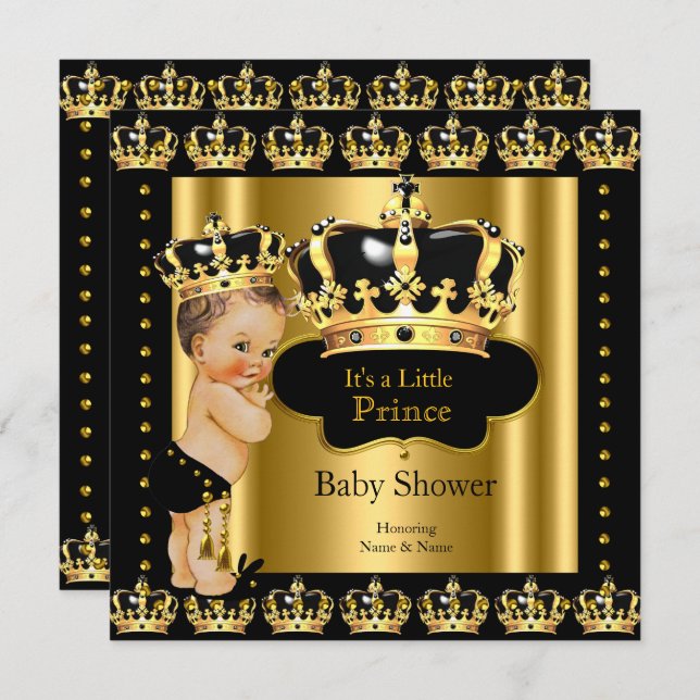 Royal Prince Baby Shower Black Gold Crown Invitation (Front/Back)