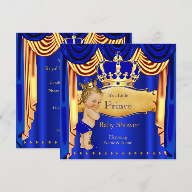Royal Prince Baby Shower Blue Gold Crown Blonde Invitation (Front/Back)