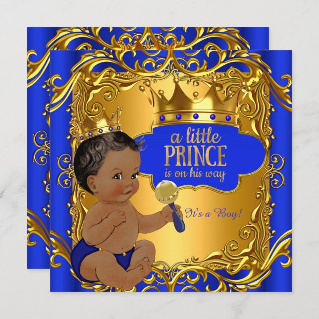 Royal Prince Baby Shower Blue Gold Rattle Ethnic Invitation (Front/Back)