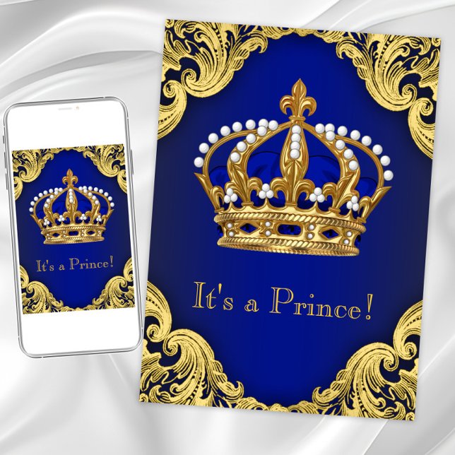 Royal Prince Baby Shower Invitations (Royal blue gold prince crown any occasion invitation.)