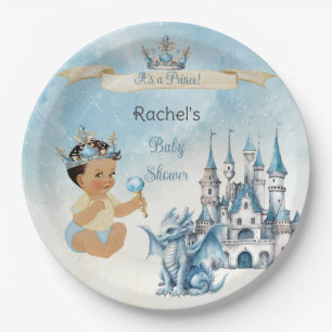 Royal Prince Castle Dragon Crown Blue Gold Boy Paper Plate