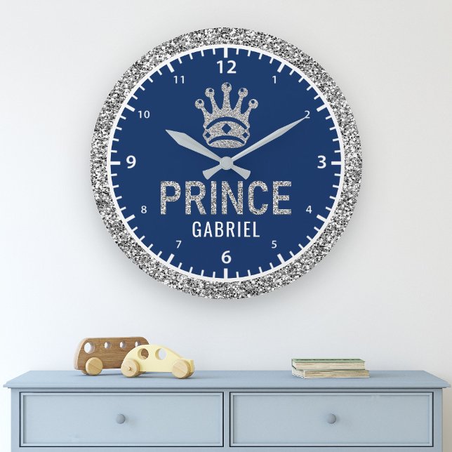 Royal Prince Faux Silver Glitter Crown Boys Room Large Clock (Creator Uploaded)