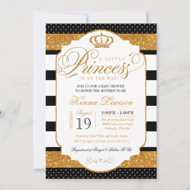 Royal Princess Black White Stripe Gold Baby Shower Invitation (Front)