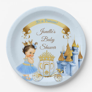 Royal Princess Castle Carriage Blue Gold Girl Paper Plate