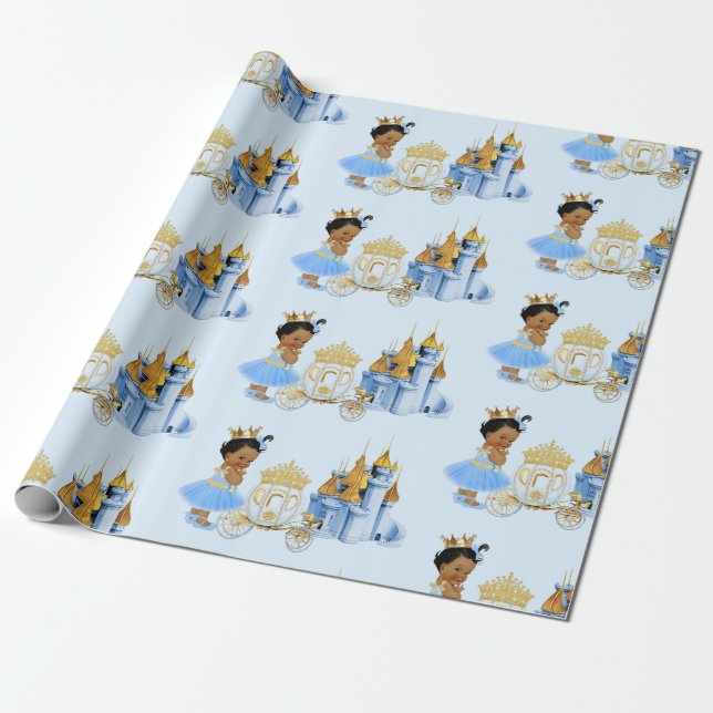 Royal Princess Castle Carriage Blue Gold Girl Wrapping Paper (Unrolled)