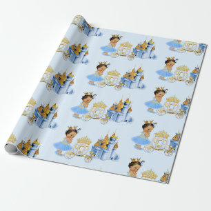 Royal Princess Castle Carriage Blue Gold Girl Wrapping Paper