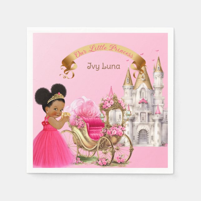 Royal Princess Castle Carriage Pink Gold Girl Napkin (Front)