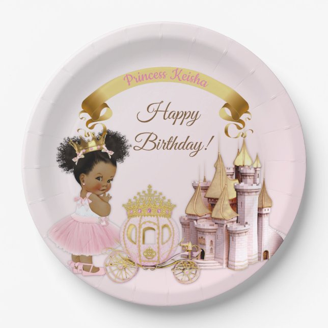 Royal Princess Castle Carriage Pink Gold Girl Paper Plate (Front)