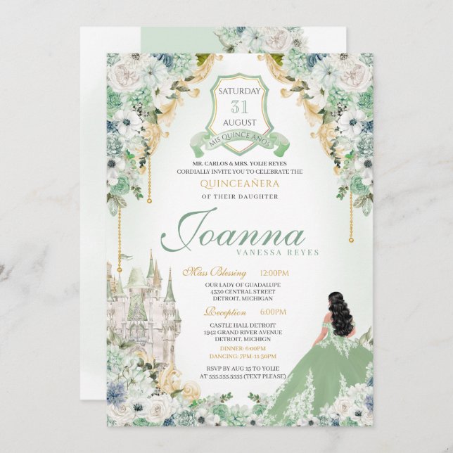 Royal Princess Mint Green & Gold Quinceanera Invitation (Front/Back)