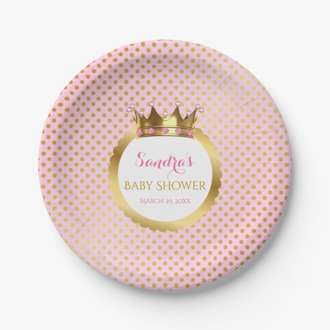 Royal Princess Pink Gold Jewelled Crown Paper Plate (Front)