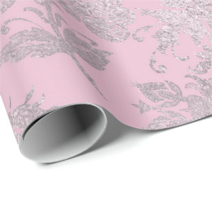 Royal Princess Pink Silver Roses Shiny Wrapping Paper