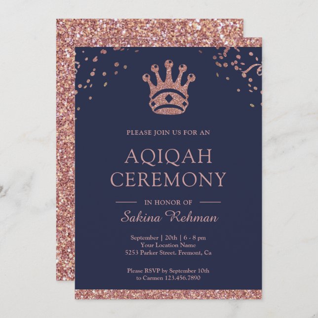 Royal Princess Rose Gold Glitter Aqeeqah | Aqiqah Invitation (Front/Back)