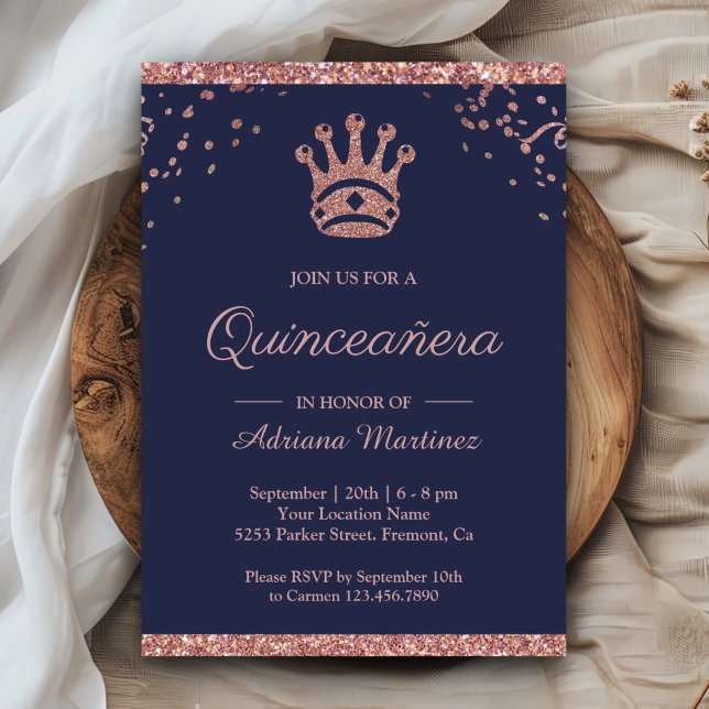 Royal Princess Rose Gold Glitter Navy Quinceanera Invitation (Creator Uploaded)
