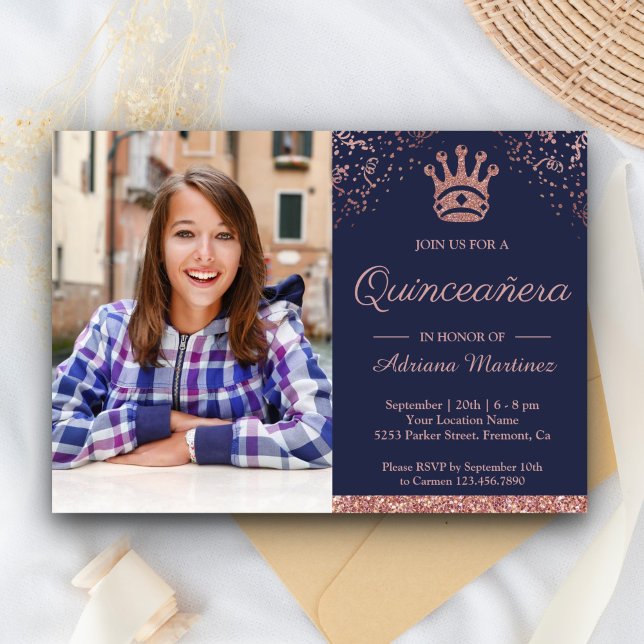 Royal Princess Rose Gold Glitter Photo Quinceanera Invitation (Creator Uploaded)