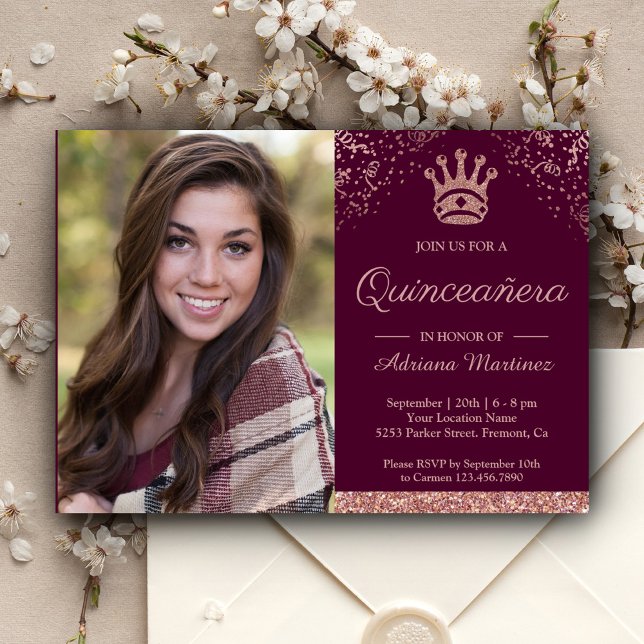 Royal Princess Rose Gold Glitter Photo Quinceanera Invitation (Creator Uploaded)