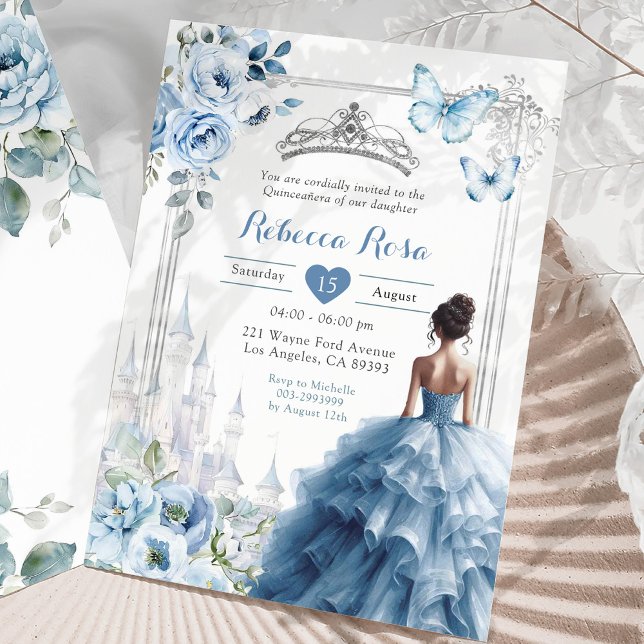 Royal Princess Silver Dusty Blue Quinceañera Invitation (Creator Uploaded)