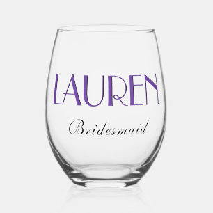 Royal Purple 3D Elegant Name Bridesmaid Stemless Wine Glass