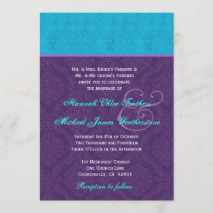 Royal Purple and Aqua Blue Damask Wedding V2 Invitation