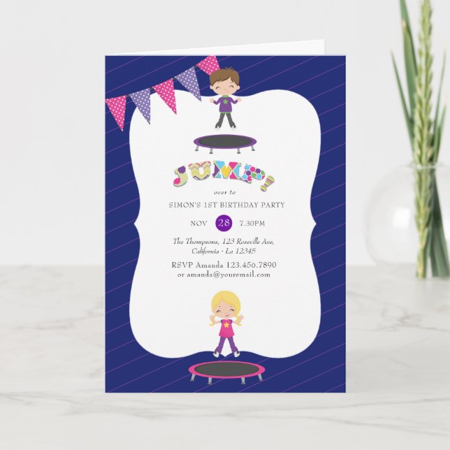 Royal Purple and Blue Trampoline Birthday Party Invitation (Front)