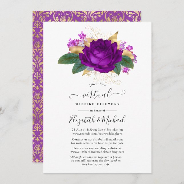 Royal Purple and Gold Floral Virtual Wedding Invitation (Front/Back)