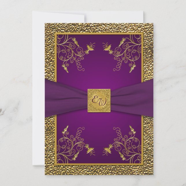 Royal Purple and Gold Monogram Wedding Invitation (Front)