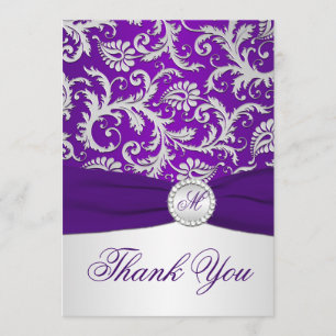 Royal Purple and Silver Damask Thank You Card