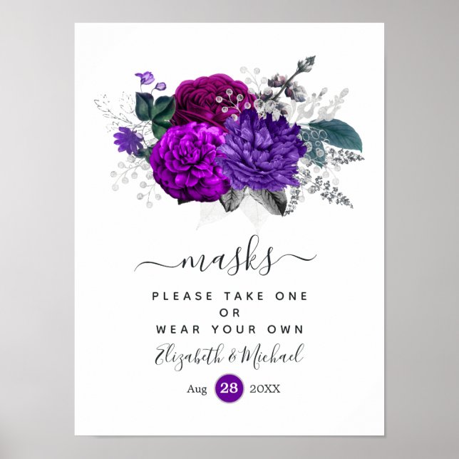 Royal Purple and Silver Floral Wedding Face Masks Poster (Front)
