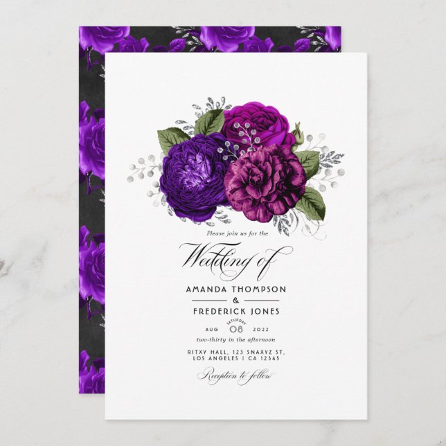 Royal Purple and Silver Floral Wedding Photo Invitation (Front/Back)
