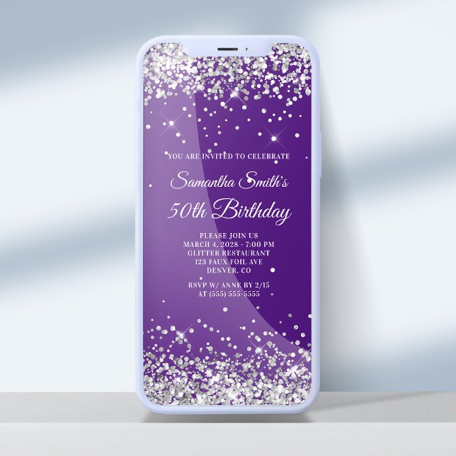 Royal Purple and Silver Glitter 50th Birthday Invitation (Creator Uploaded)