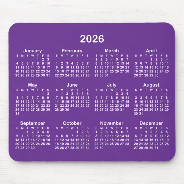 Royal Purple and White 2026 Calendar Mouse Pad (Front)