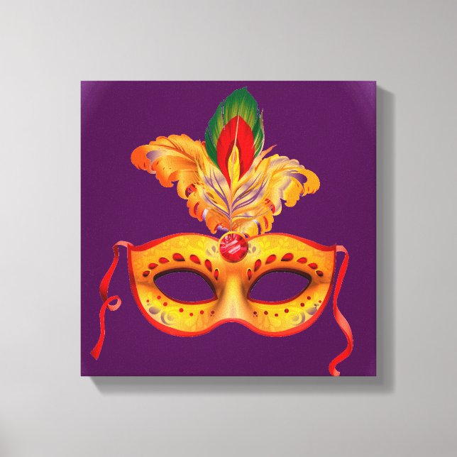 Royal purple and yellow theatre mask with feathers canvas print (Front)
