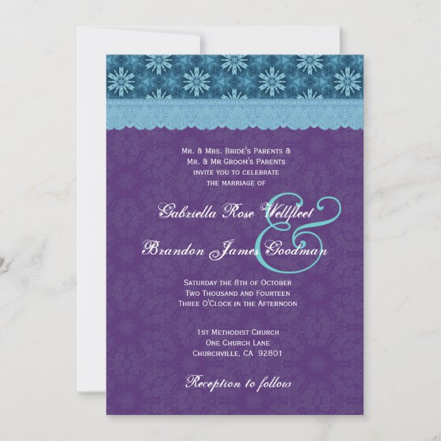 Royal Purple Aqua Blue Lace Wedding V8 Invitation (Front)