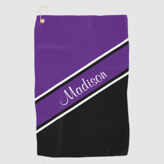 Royal Purple Black Diagonal Stripe Script Name Golf Towel