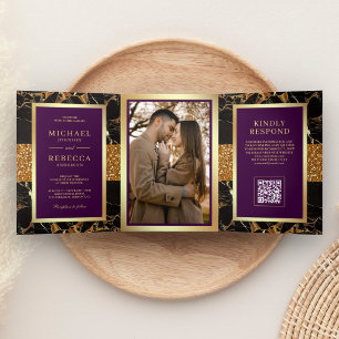 Royal Purple Black Marble Gold QR Code Wedding Tri-Fold Invitation