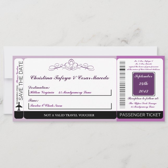 Royal Purple Crow Boarding Pass Wedding Invitation (Front)