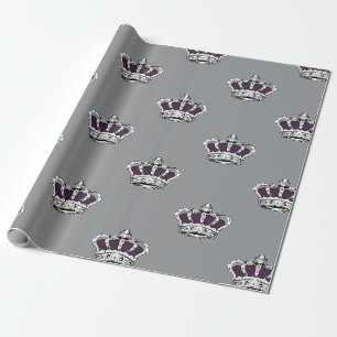 Royal Purple Crown Pattern on Modern Gray Back Wrapping Paper