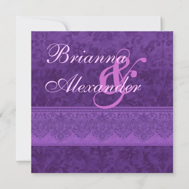 Royal Purple Damask and Lace Wedding Invitation (Front)